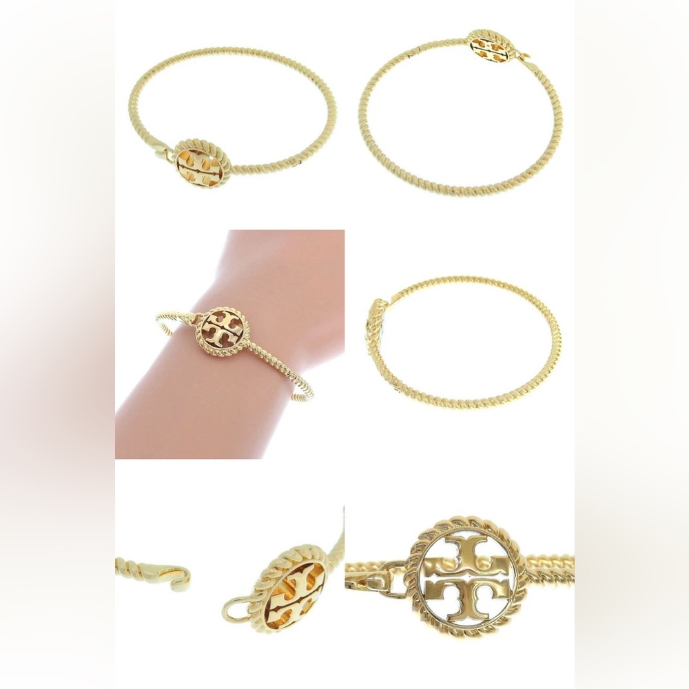 NWT Tory Burch Women's Rope Logo Gold Plated Hinged Cuff Bracelet - Picture 3 of 6